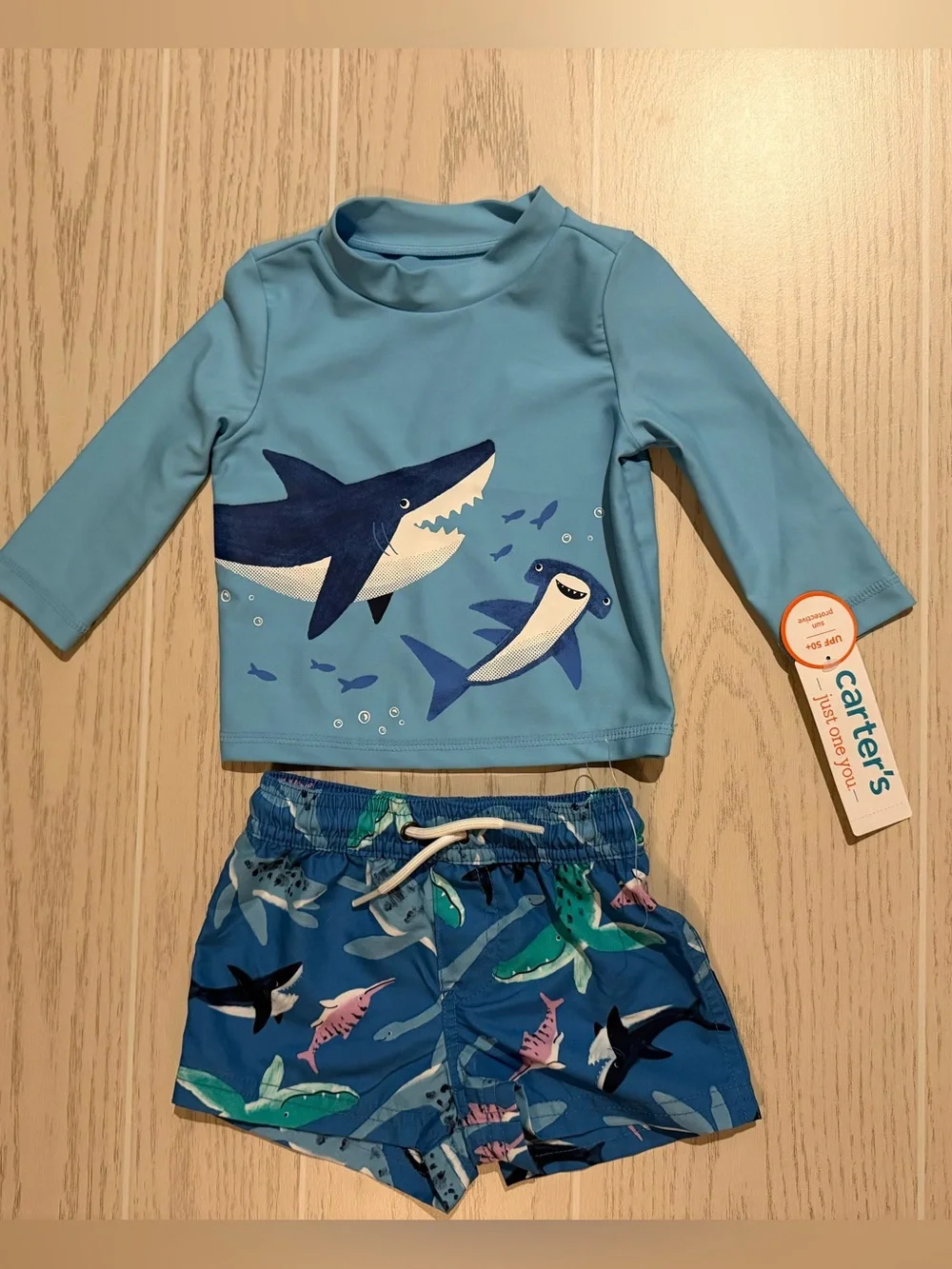Carter’s Baby Boy Shark Rash Guard Swim Set 6M Blue UPF 50+ NWT‎